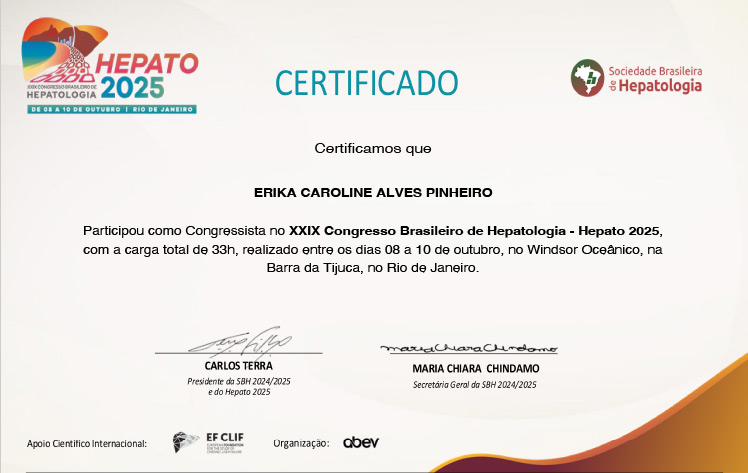 Certificado - XXIX Congresso Brasileiro de Hepatologia - Hepato 2025
